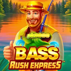Tampilan layar permainan slot Bass Rush Express dengan tema memancing dan air danau.
